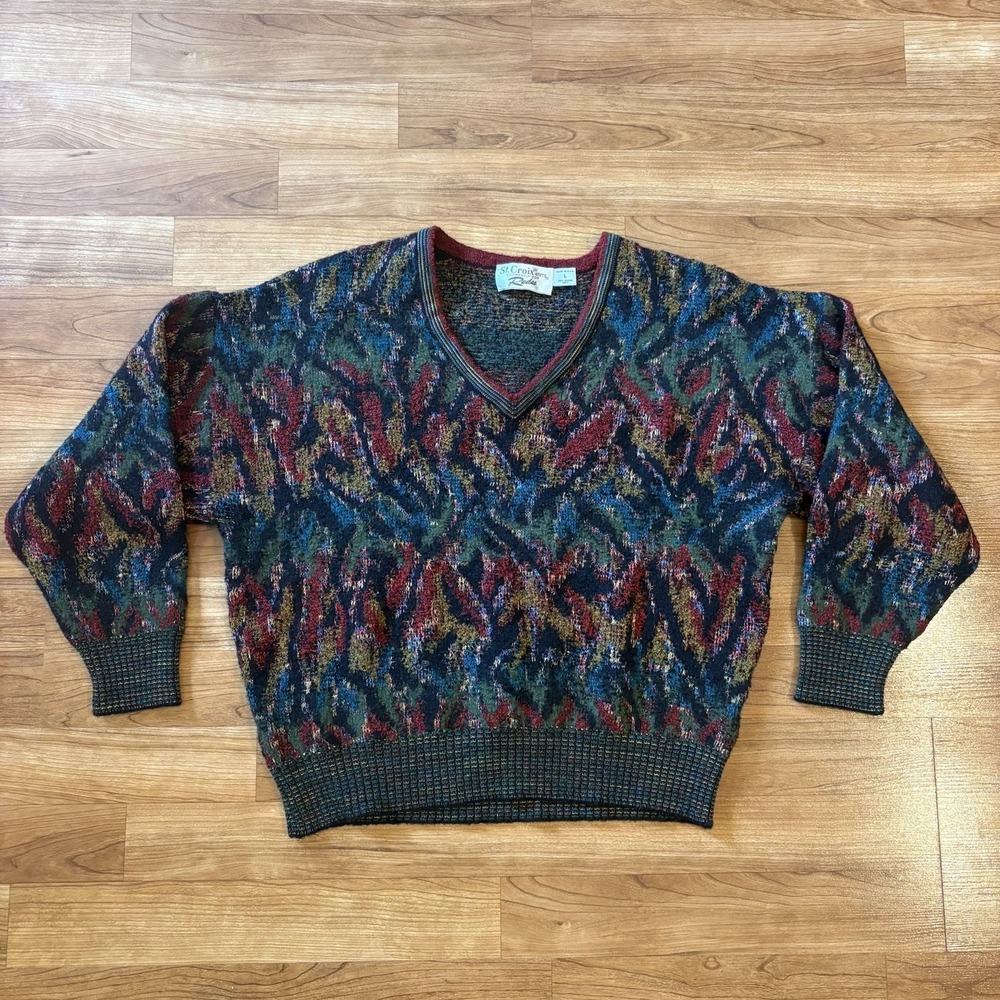 VTG St. Croix Sweater Mens Large V-Neck Wool Blend Abstract Knit Pullover FLAW